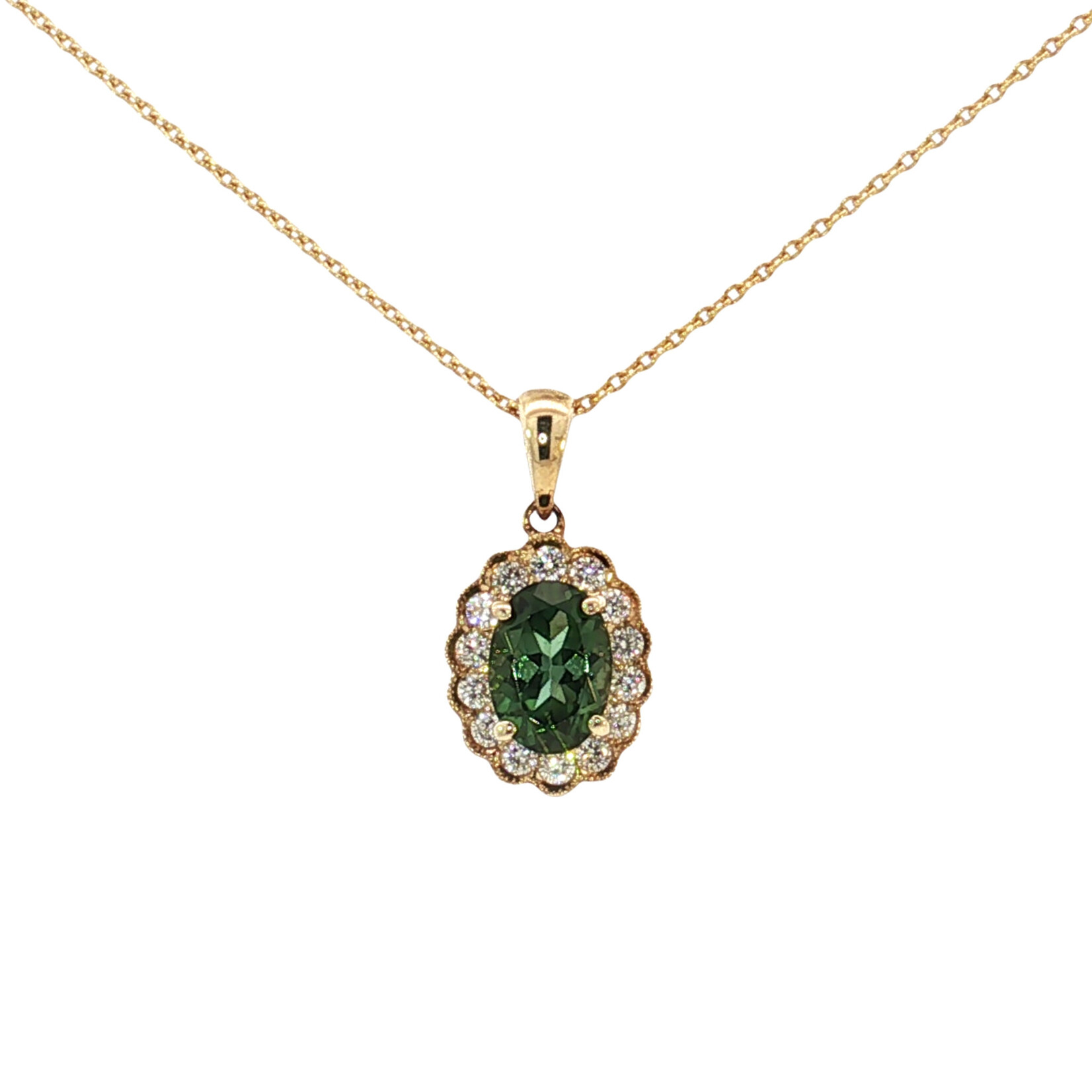 14K Yellow Gold Green Tourmaline Halo Necklace