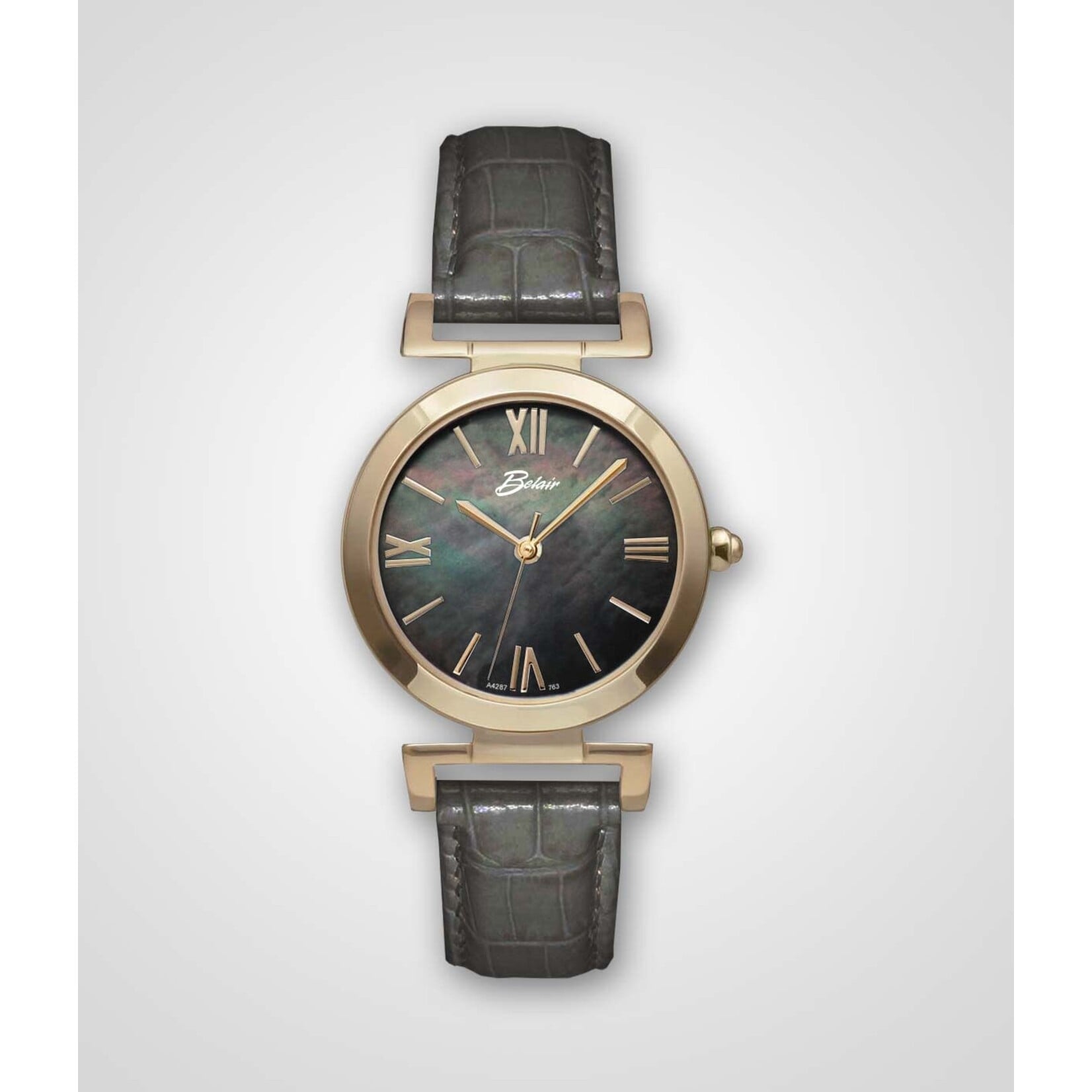 Belair Time Corporation Stainless Steel Gold-Plated 30mm Black Mother of Pearl Face Watch