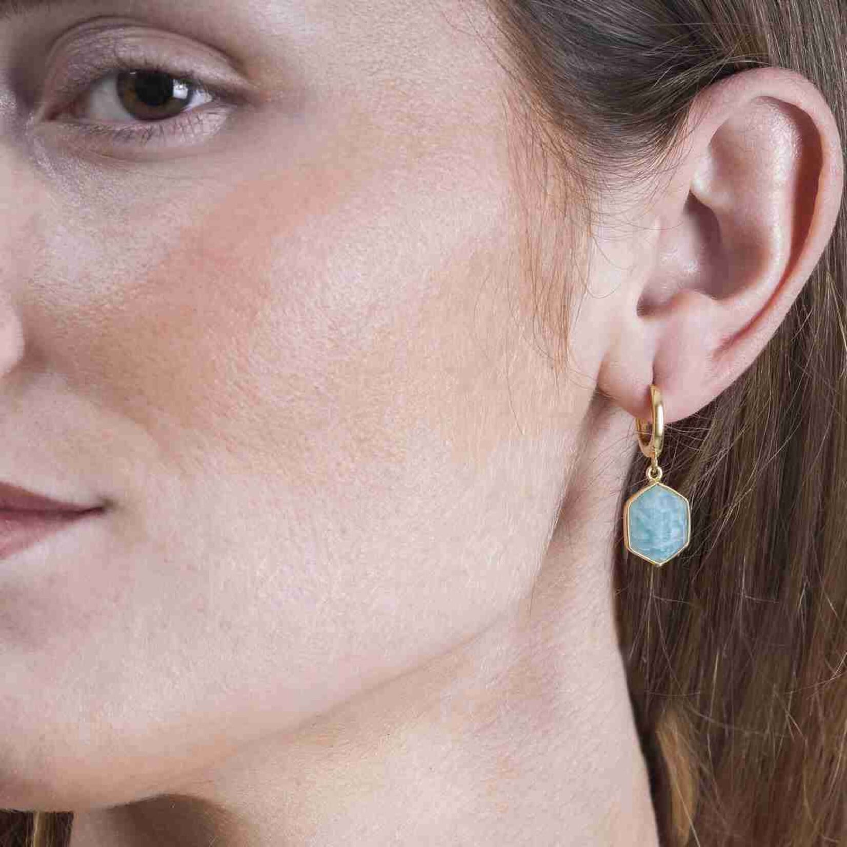 Hoop Earring with Hexagonal Amazonite in Sterling Silver with 18KY Vermeil