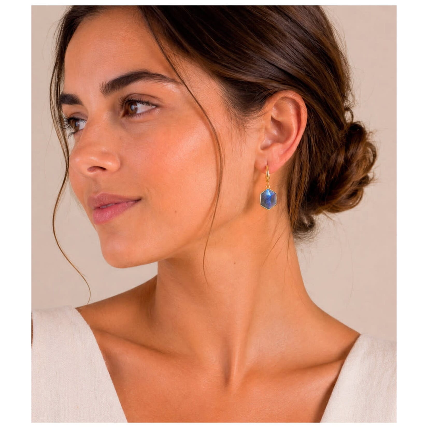 Hoop Earring with Hexagonal Rainbow Moonstone in Sterling silver with 18KY Vermeil