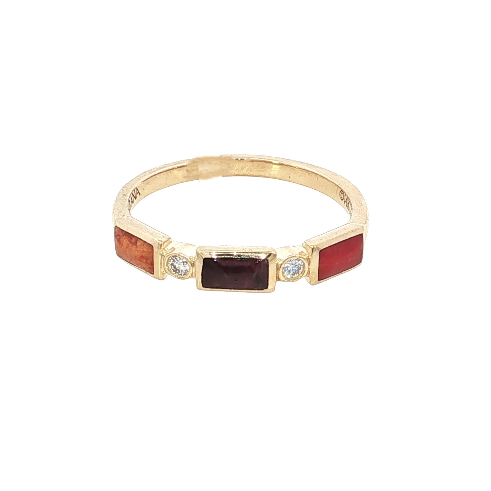Kabana 14 Karat Yellow Gold Ring with Diamonds, Yellow MOP, Spiny Oyster, and Spiny Red Oyster