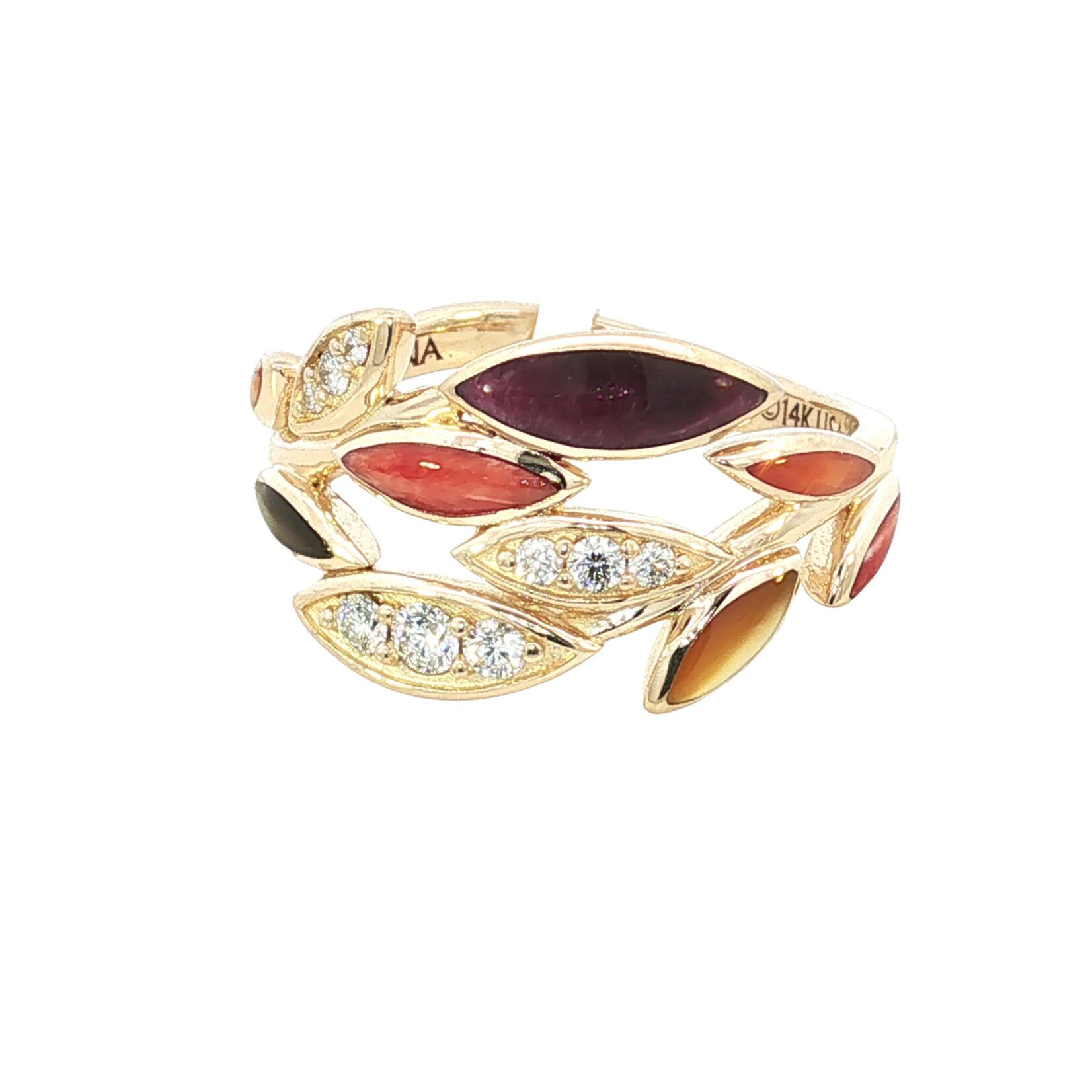 Kabana 14 Karat Yellow Gold Leaf Ring with Diamonds, Yellow MOP, Red Spiny Oyster, and Purple Spiny Oyster