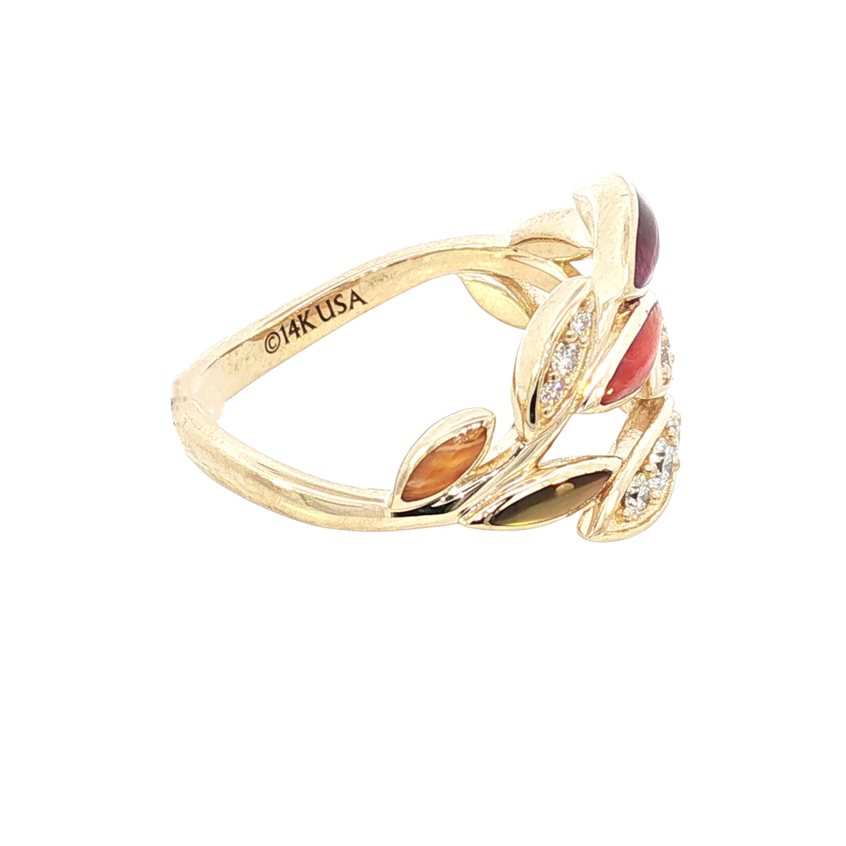 Kabana 14 Karat Yellow Gold Leaf Ring with Diamonds, Yellow MOP, Red Spiny Oyster, and Purple Spiny Oyster