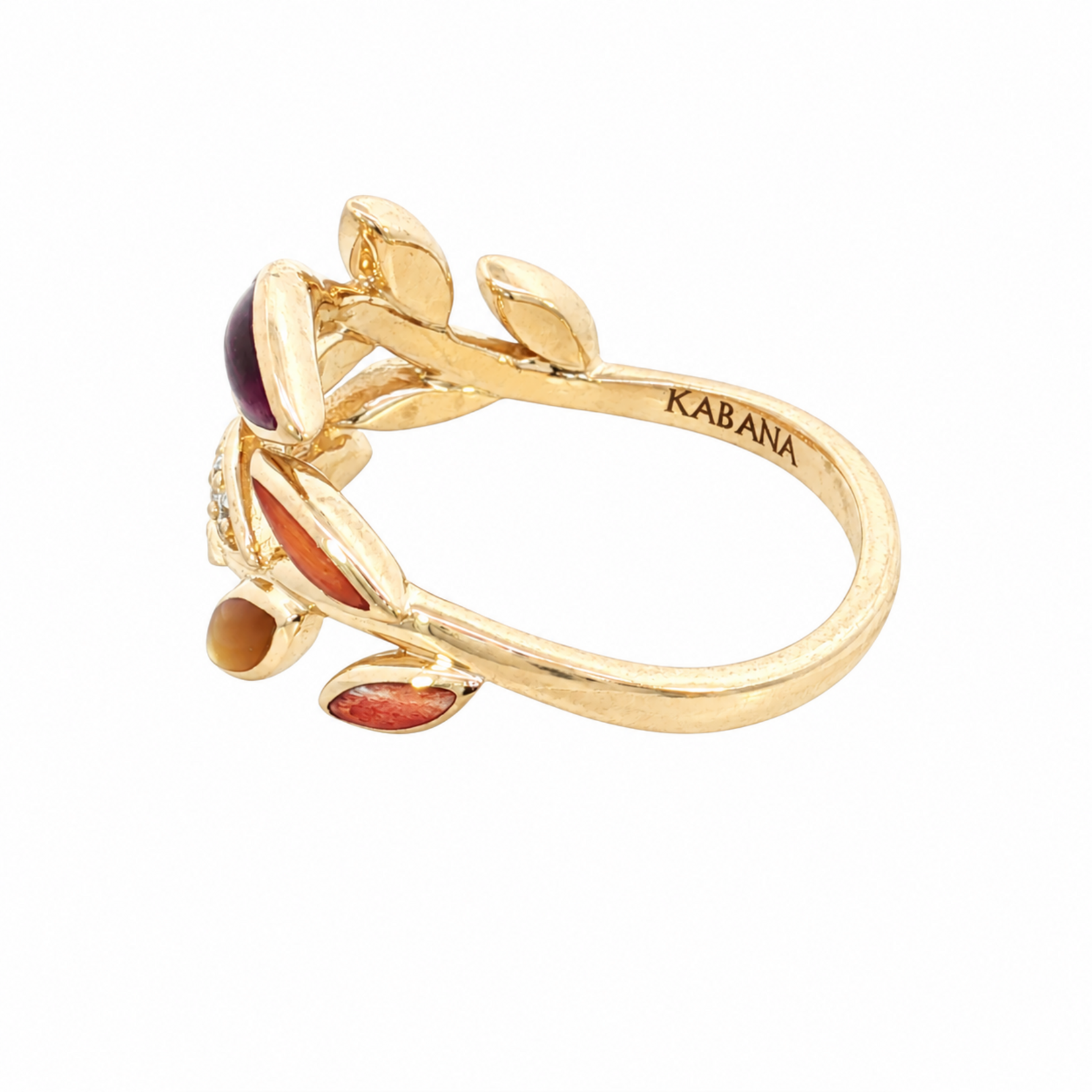 Kabana 14 Karat Yellow Gold Leaf Ring with Diamonds, Yellow MOP, Red Spiny Oyster, and Purple Spiny Oyster