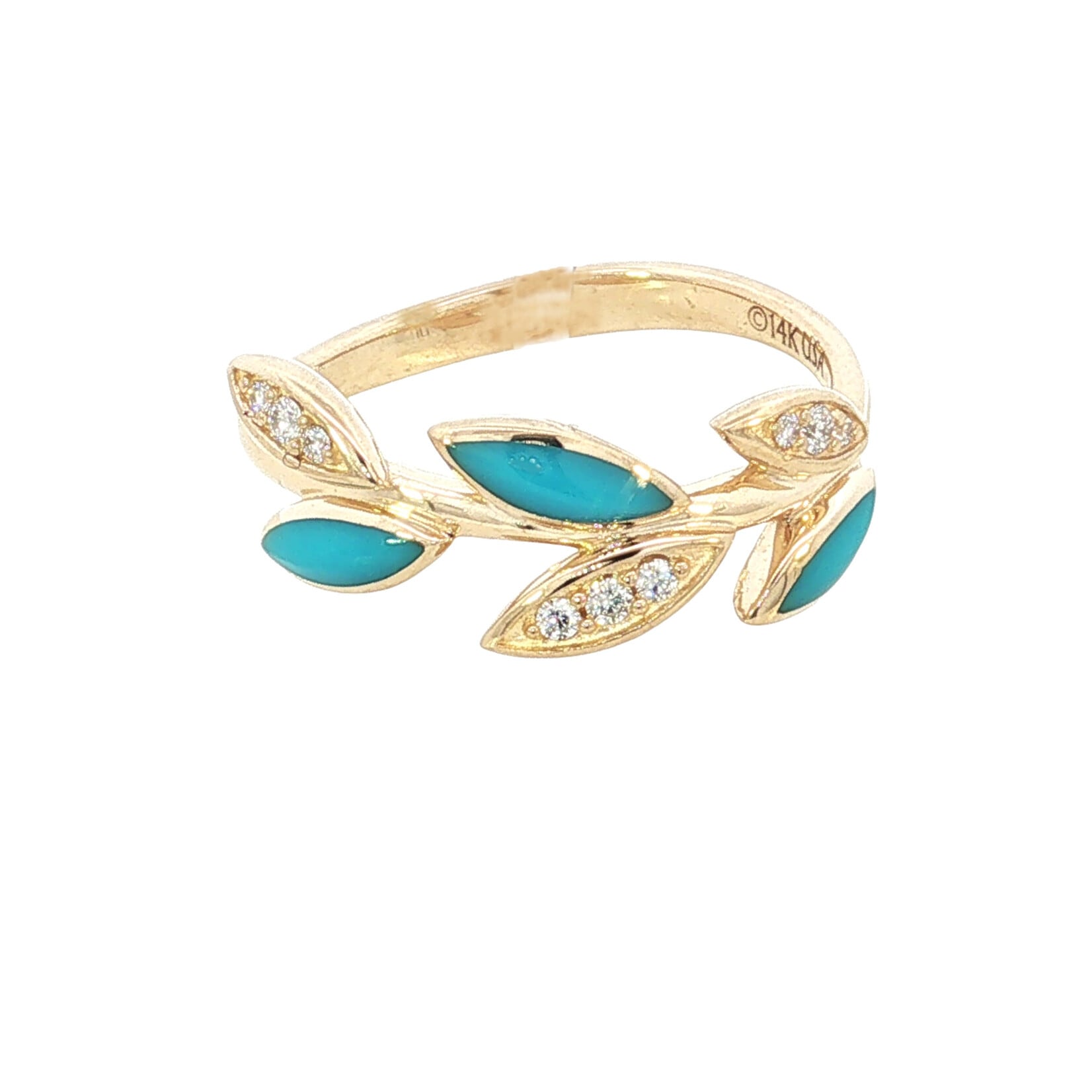 Kabana 14 Karat Yellow Gold Turquoise and Diamond Leaf Ring