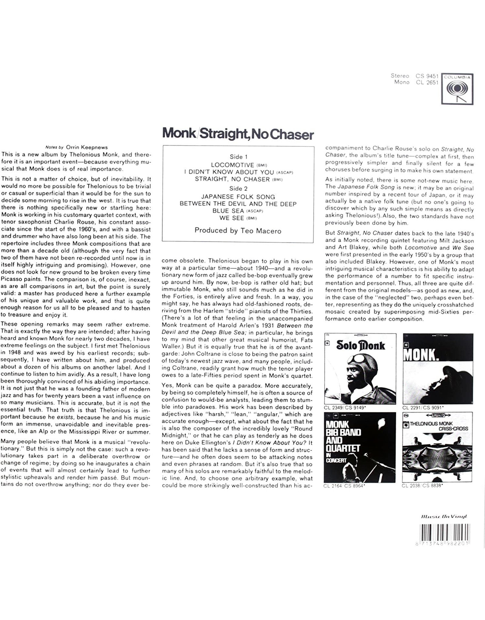 Thelonious Monk - Straight, No Chaser (Music On Vinyl)