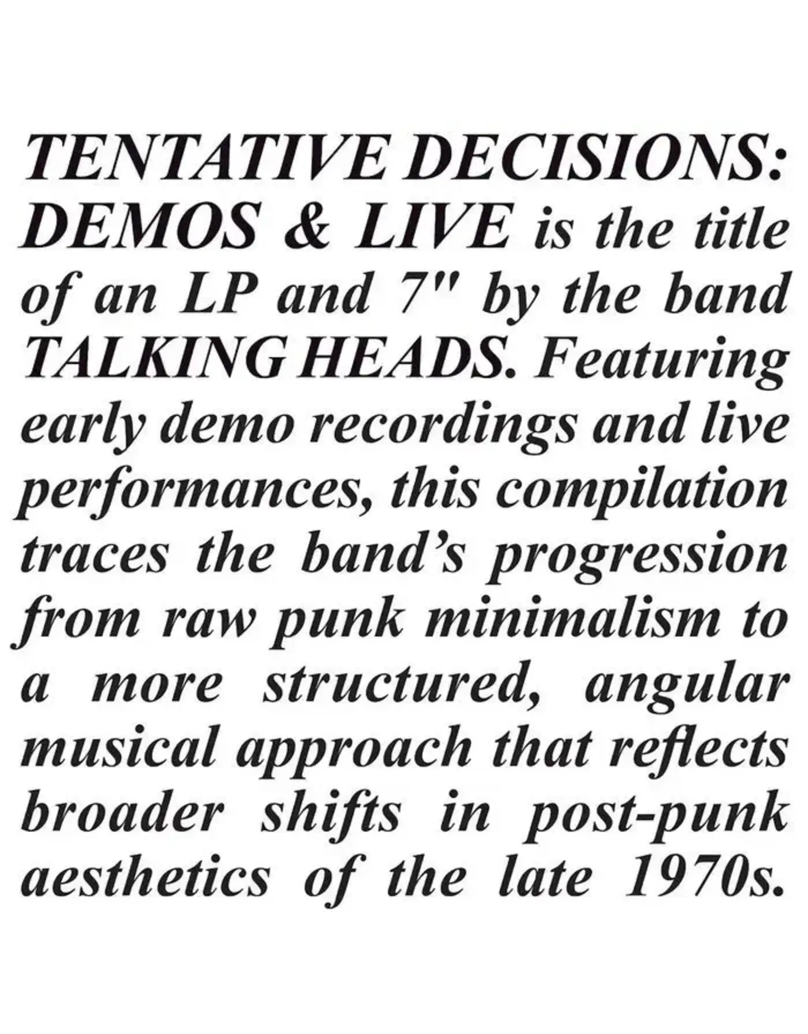 Talking Heads - Tentative Decisions: Demos & Live (RSD Black Friday) [Clear Vinyl]