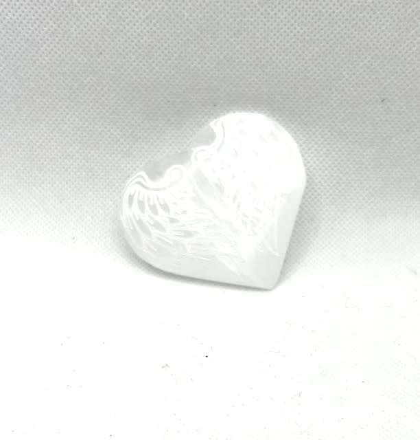 Selenite Heart 2.5" wide  w/ Angel Wings etched