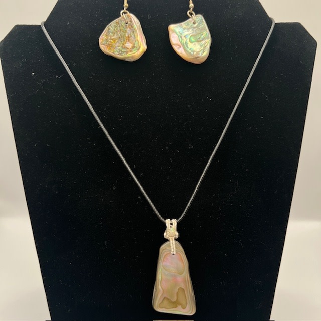 Silver Plated Hand-wrapped Abalone  Pendant and Pierced Earrings Set