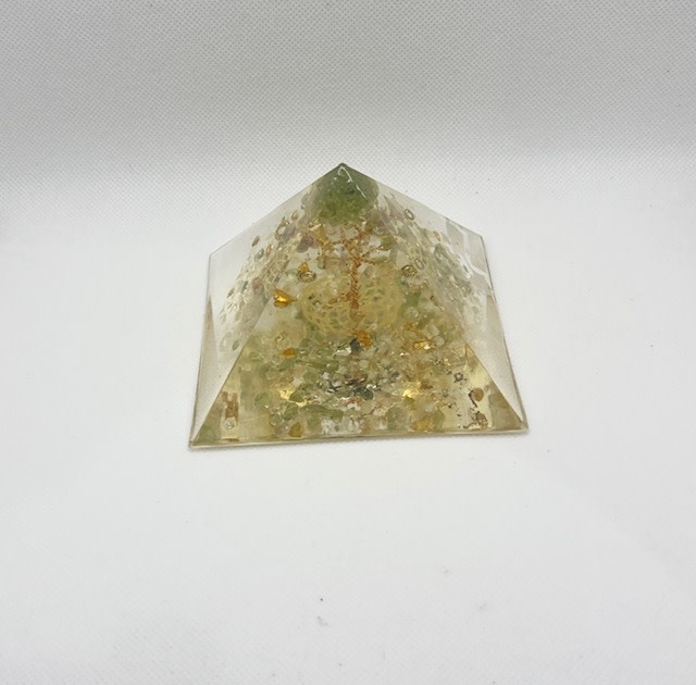 Handmade 4" square Healing Pyramid - Peeridot/Quartz by Kristine