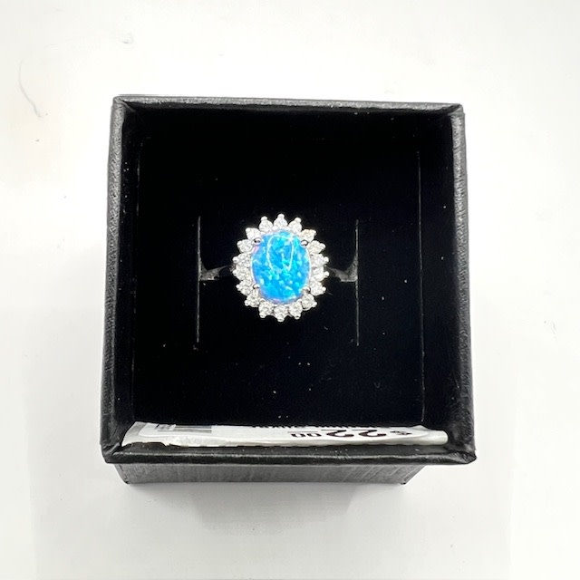 Sterling Silver Oval Blue Lavender Lab Opal CZ Ring - 7