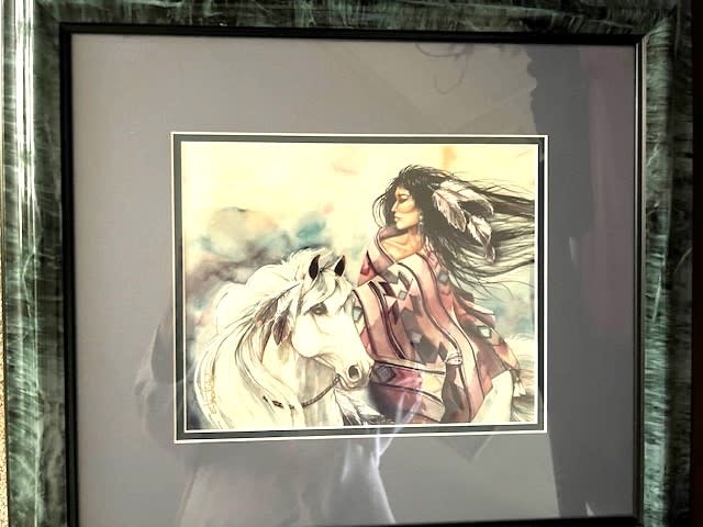 Native on white Horse framed in Green