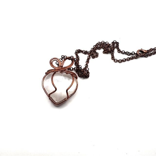 Selenite Heart pendant wrapped in  copper on copper chain