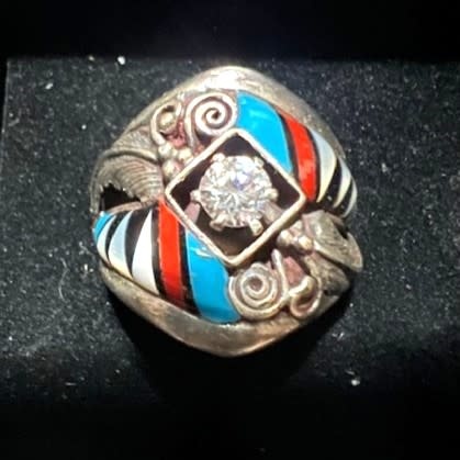 Men's ring with Center CZ -Vintage Navajo marked Sterling  size 9.5