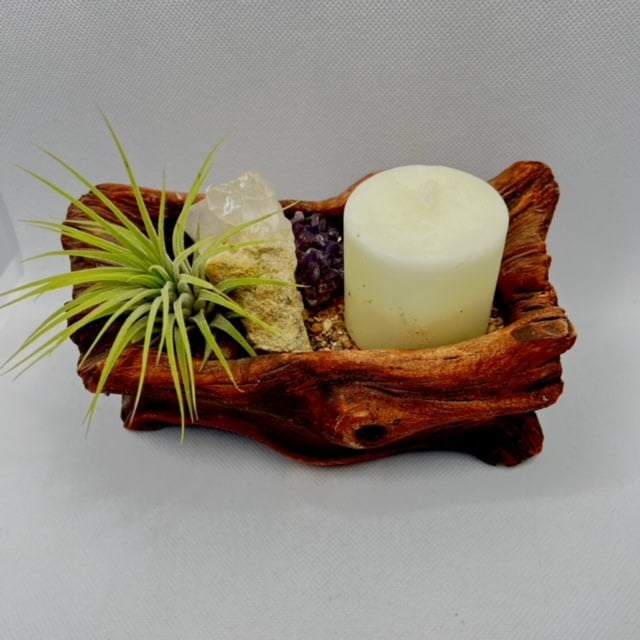 Air Plant, Candle & Arkansas Crystal point in Stump - Live Broomeliad