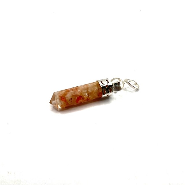 Sunstone Chip Orgonite Point Pendant with Crystal Ball and Silver Plating  1"