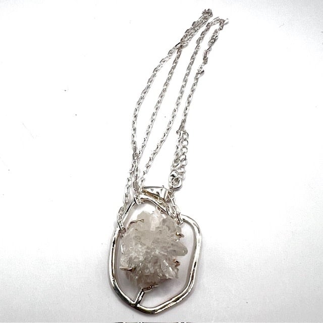 Clear Quartz Cluster w/points on Stainless long chain 1" x 1.25"