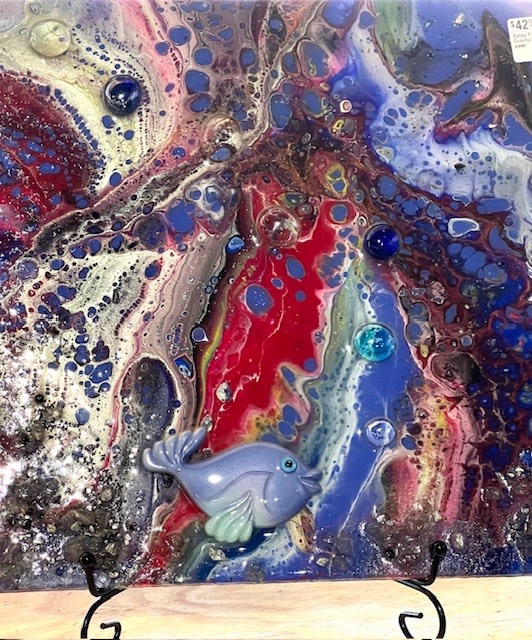 Art: Epoxy Fish & Bubbles Colorful 12x12 Hand Painted Tile and Iron Easel