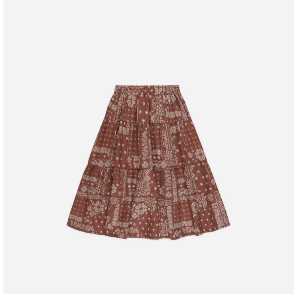 Rylee + Cru Inc. TIERED MIDI SKIRT || BRICK BANDANA