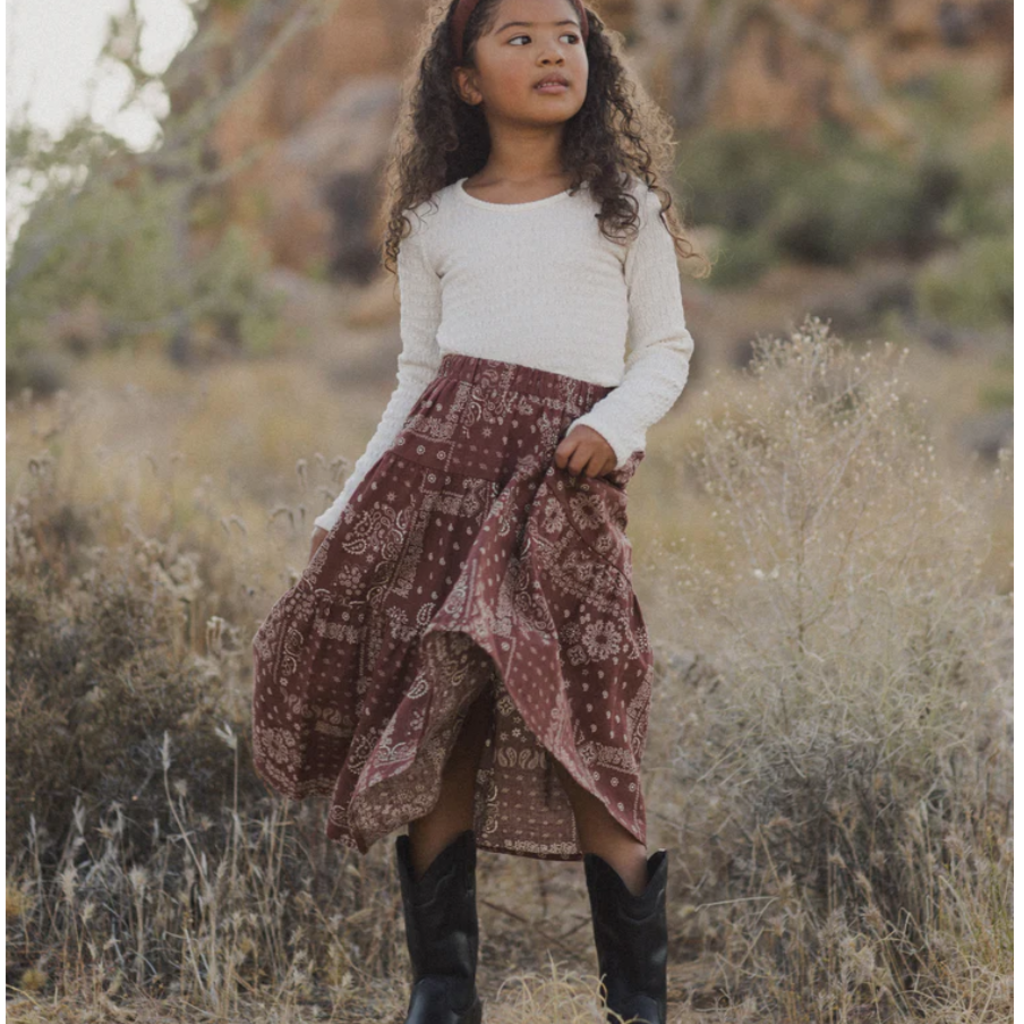 Rylee + Cru Inc. TIERED MIDI SKIRT || BRICK BANDANA