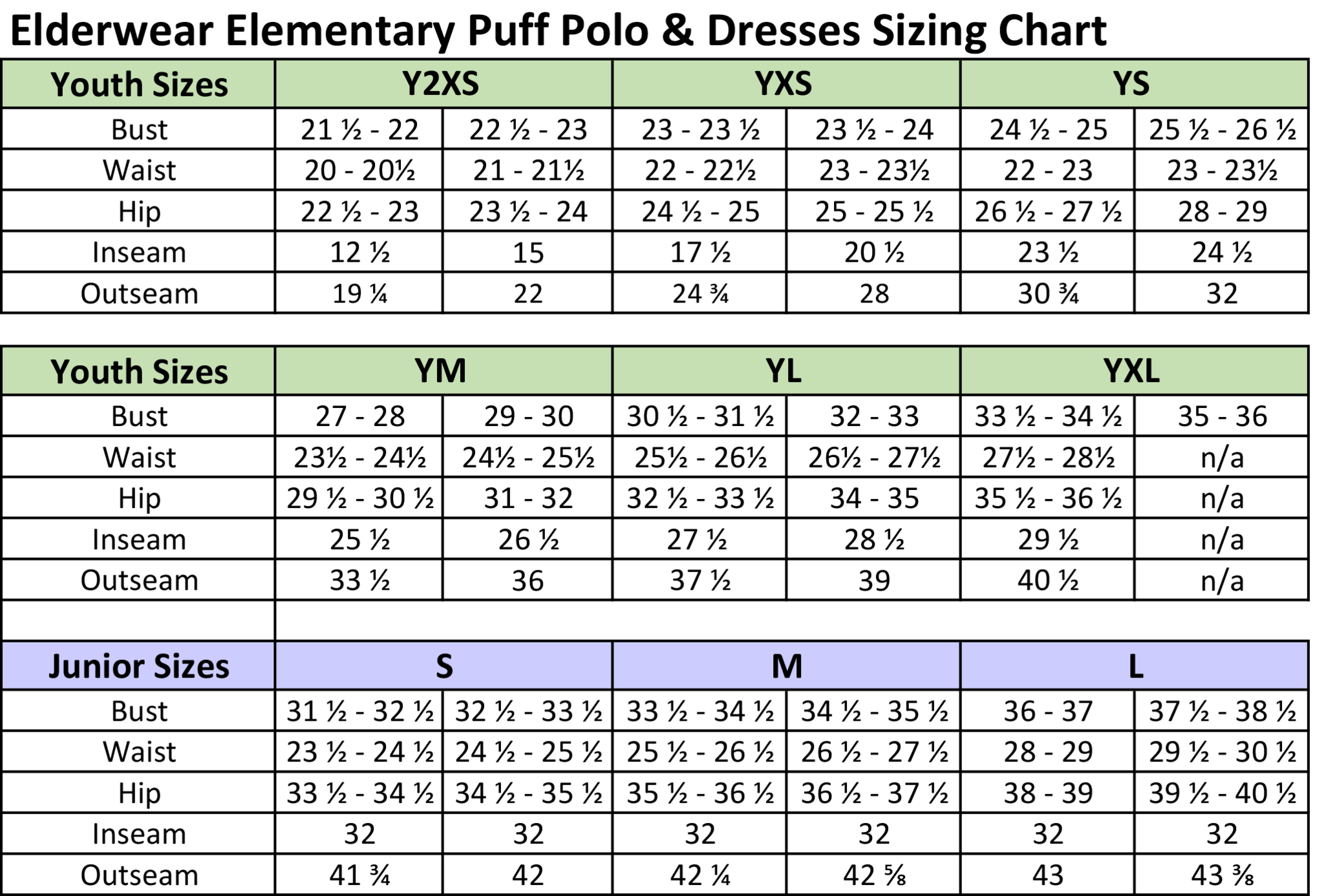 Elementary Dresses Size Chart