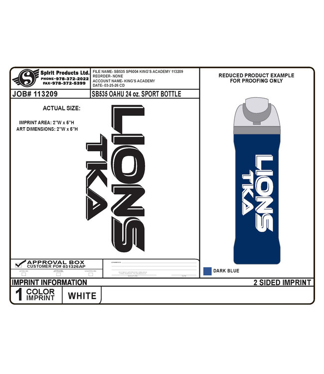 Spirit 2026 Spirit - Oahu 24 oz Sports Bottle Navy w/ White Lid and White Print