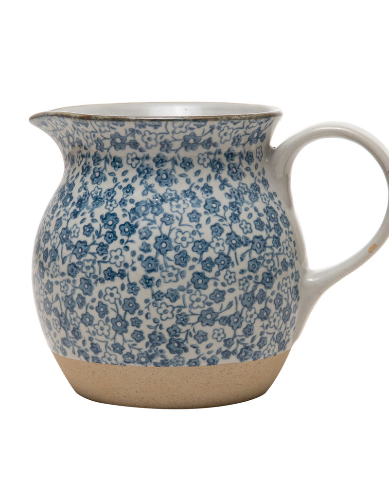 16 oz Hand-Painted Stoneware pitcher, floral blue/white