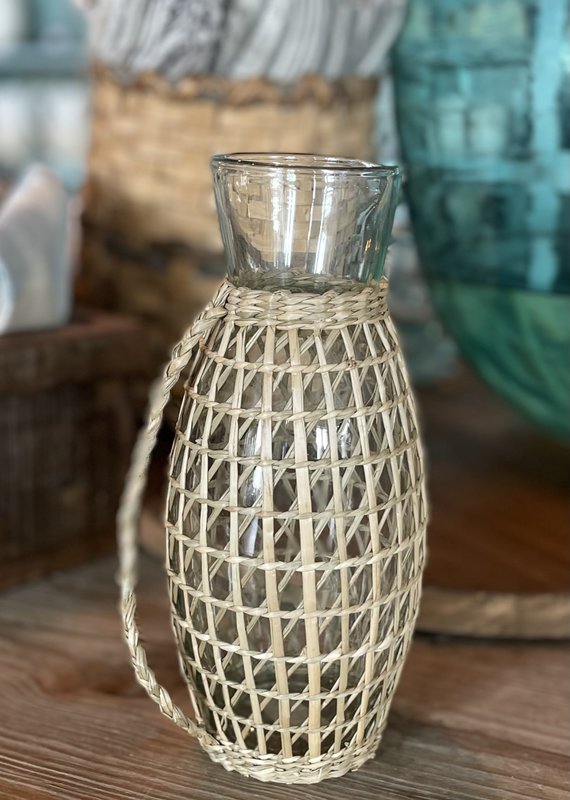 H 64 oz. Glass Pitcher w/ Seagrass Weave 3"L x 5"W x 9-1/2"
