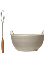 Stoneware  Bowl w/Wood Handle Wisk, White