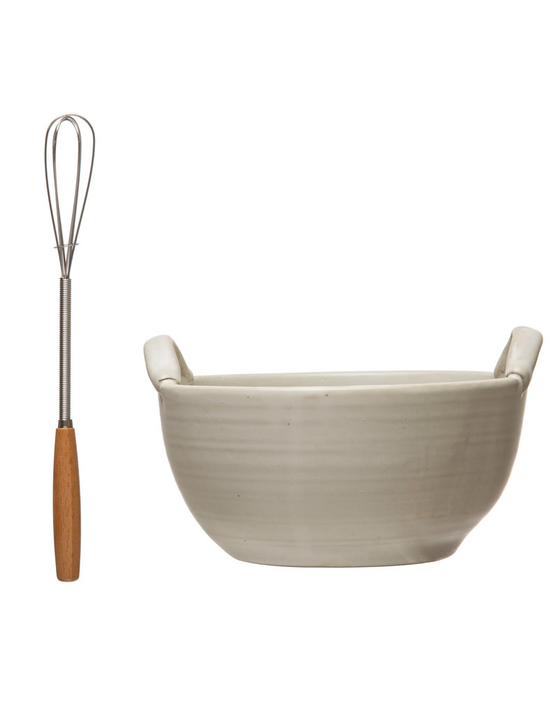 Stoneware  Bowl w/Wood Handle Wisk, White