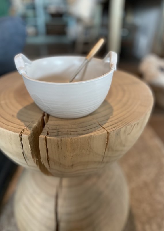 Stoneware  Bowl w/Wood Handle Wisk, White