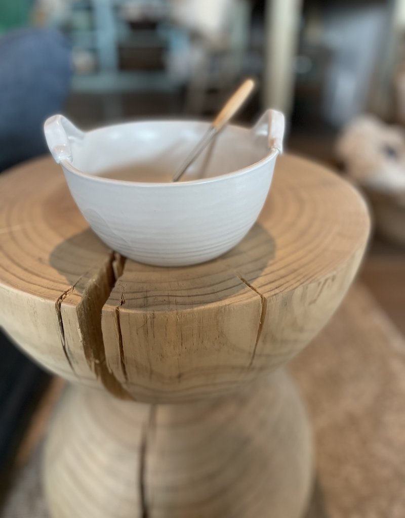Stoneware  Bowl w/Wood Handle Wisk, White