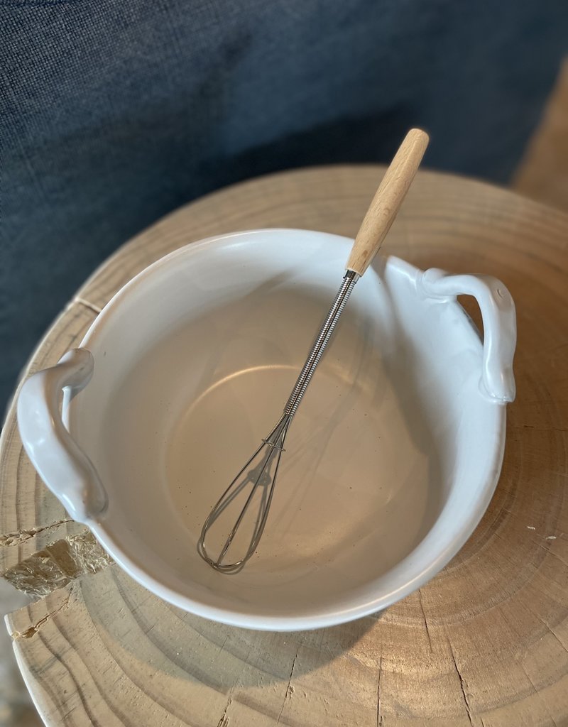 Stoneware  Bowl w/Wood Handle Wisk, White