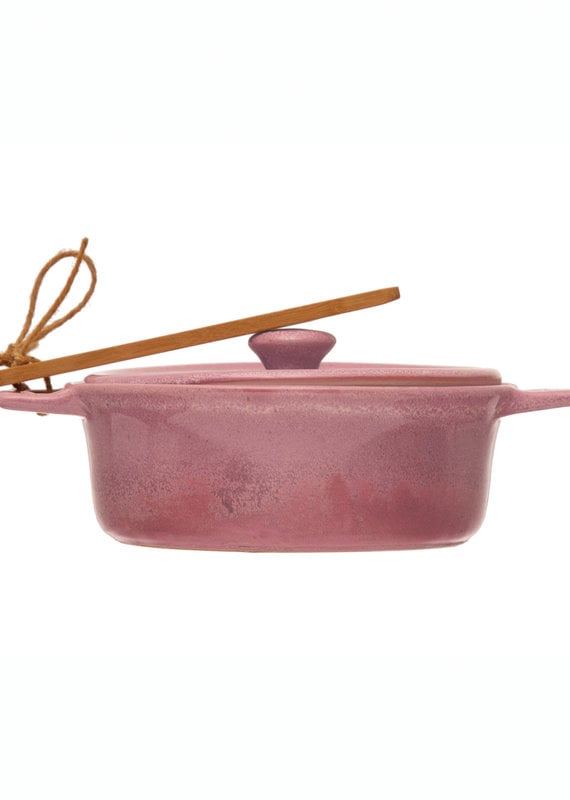 Stoneware Brie Baker with Bamboo Spreader - Pink