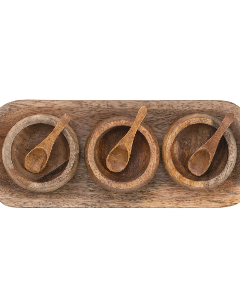 Mango Wood Tray with 3 Bowls and Spoons