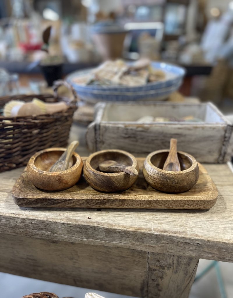 Mango Wood Tray with 3 Bowls and Spoons