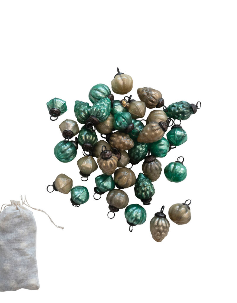1"H Embossed Mercury Glass Mixed Ornaments in Muslin Bag, Set of 36