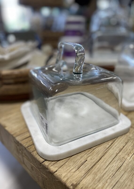 Square Glass Cloche w/ White Marble Base & Handle
