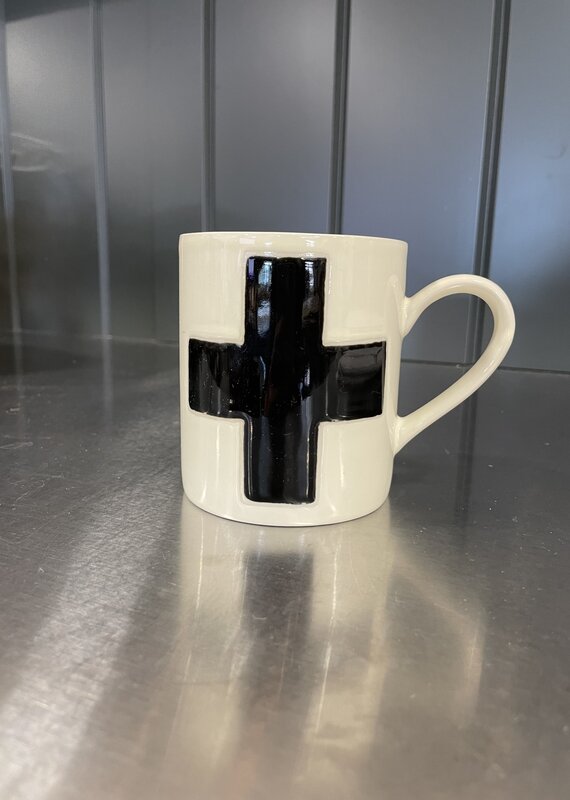 Handmade Stoneware Mug with Swiss Cross - White w/Black Cross
