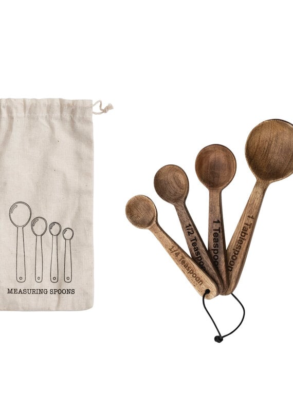 Mango Wood Measuring Spoons, Set of 4 in Printed Drawstring Bag