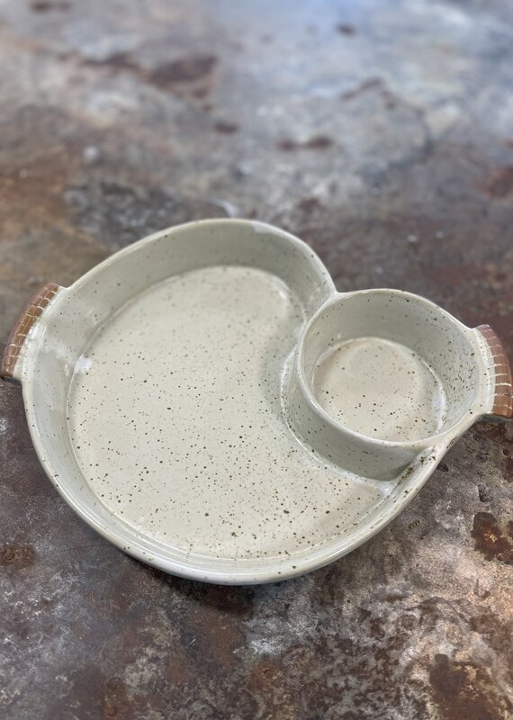 Stoneware Dish w/ 2 Sections & Handles, Cream Color