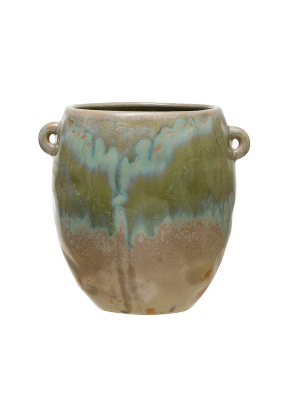 Green Stoneware Crock with Glaze