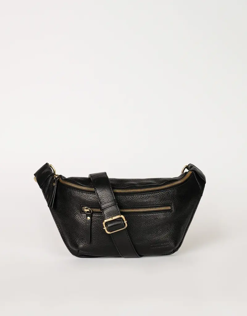 The Desiree Bum Bag ­in Black Soft Grain Leather w/ Checkered & Black Leather Straps