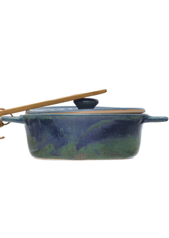 Stoneware Brie Baker with Bamboo Spreader- Blue