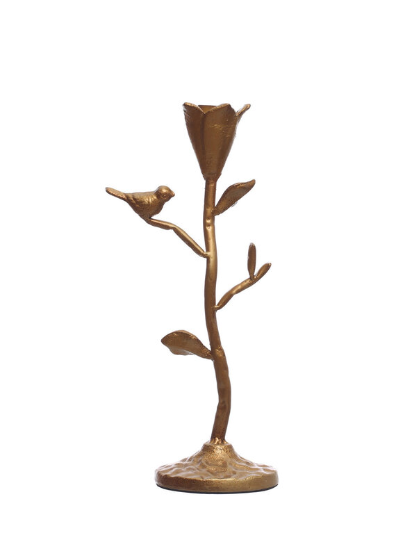 Hand-Forged Cast Iron Flower Taper Holder w/ Flowers & Bird