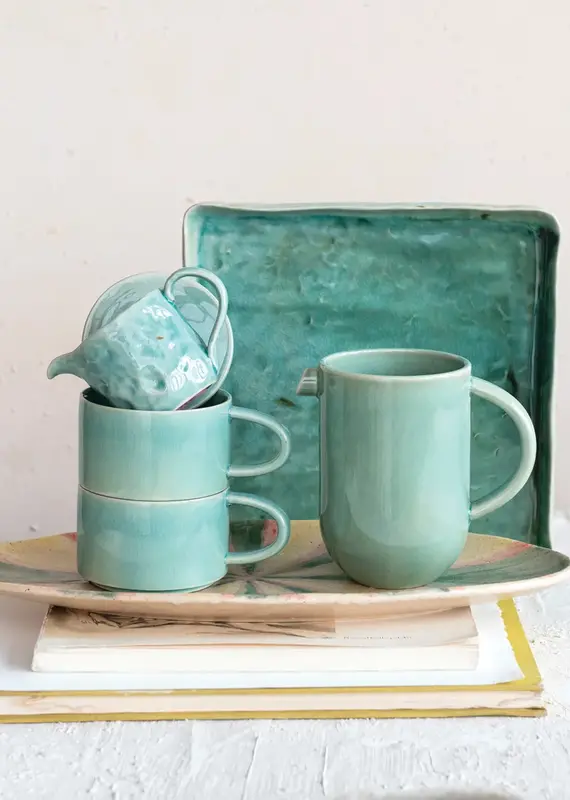 Round Stoneware Pitcher with Stackable Mugs and Lid in Aqua