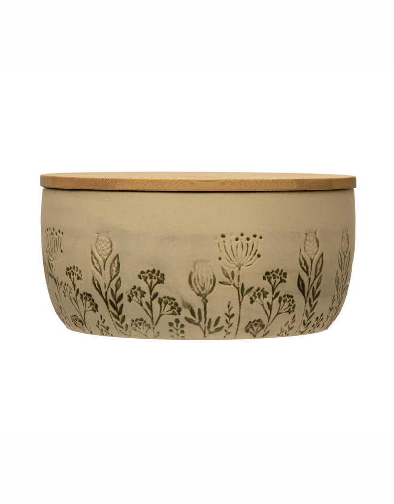 Stoneware Canister with Bamboo Lid and Debossed Floral Pattern