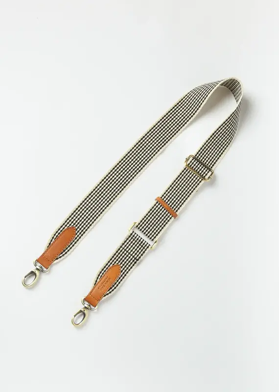 Checkered Webbing Strap in Black and White with Cognac Classic Leather