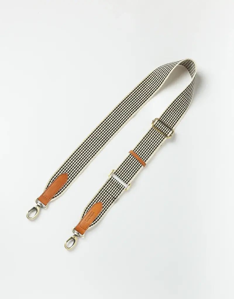 Checkered Webbing Strap in Black and White with Cognac Classic Leather