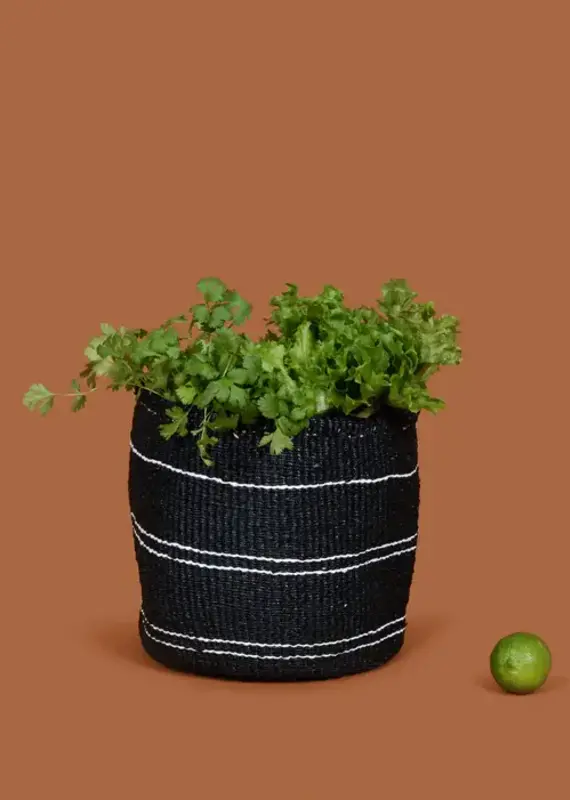 Mifuko Kiondo basket | 5 white stripes on black XS  Plastic and sisal